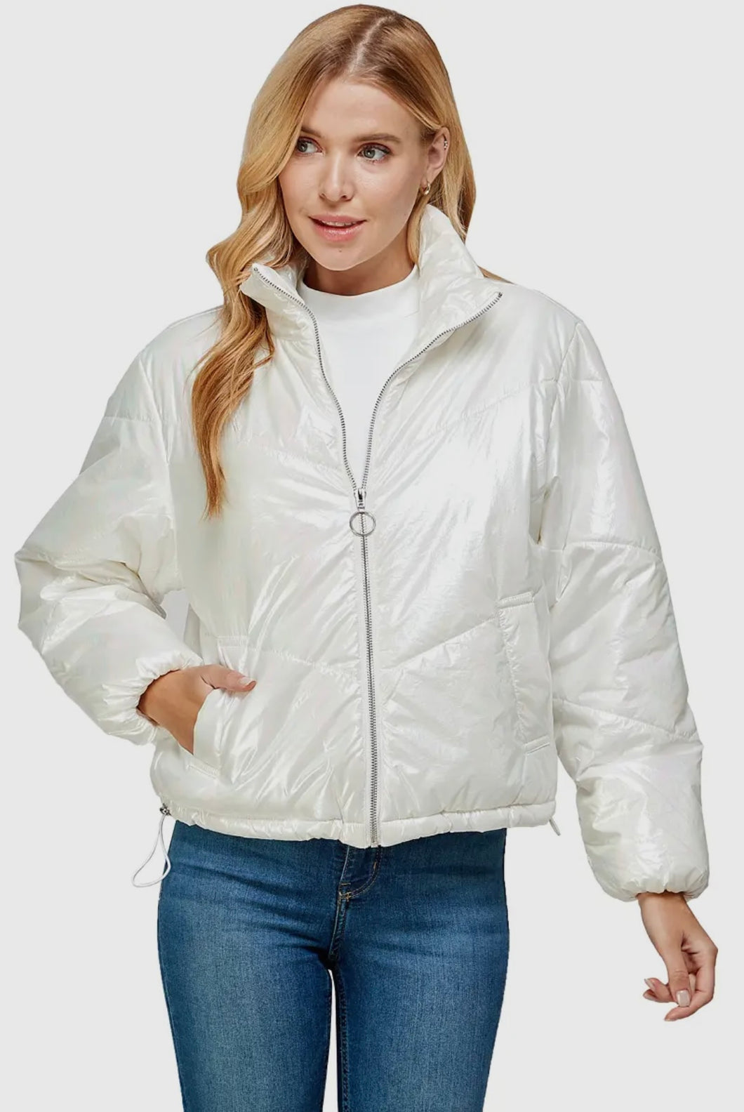 Metallic Puffer Jacket (White)